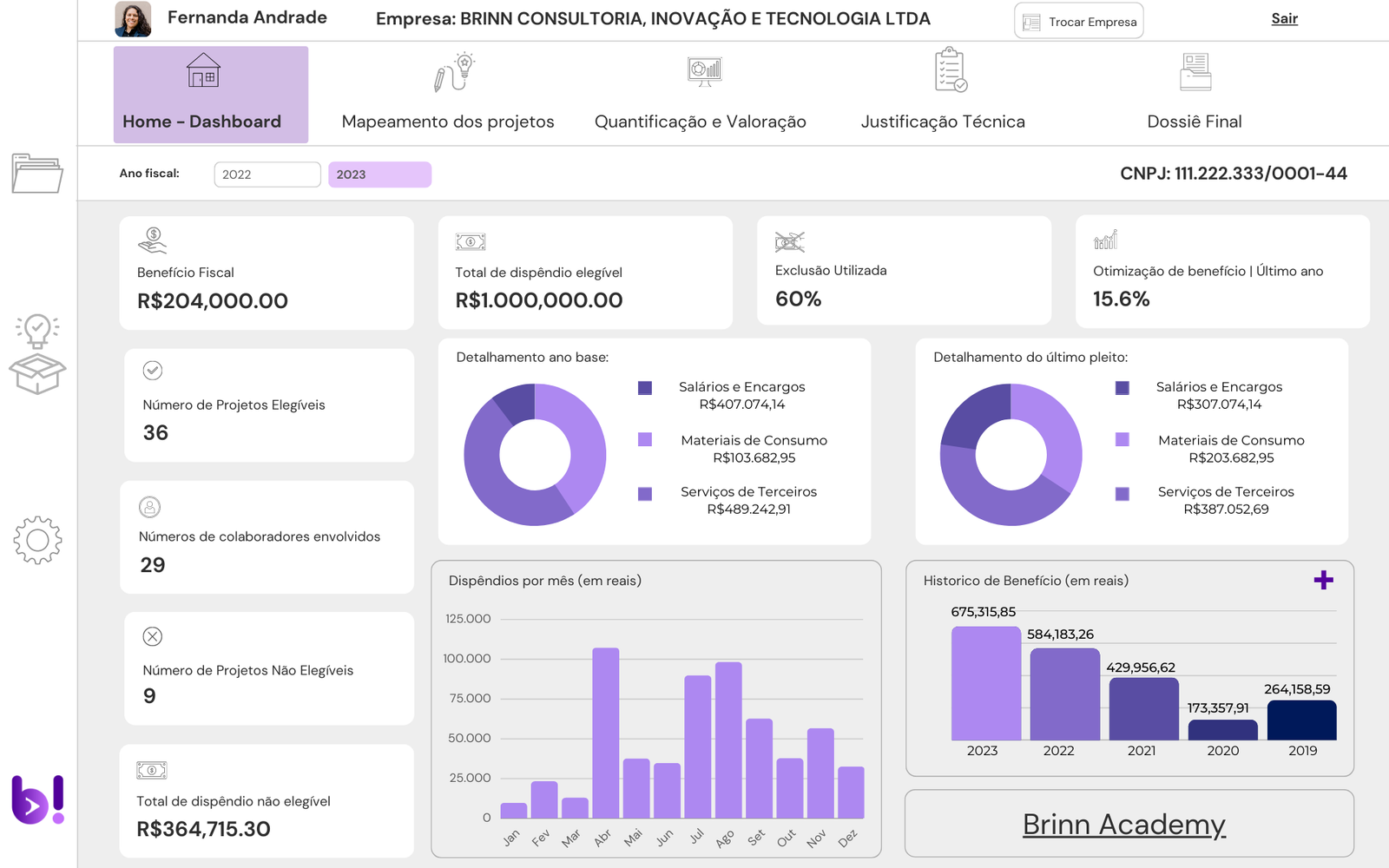 Dashboard Brinn+ Plataforma de gestão de projetos da Brinn Consulting - Lei do Bem